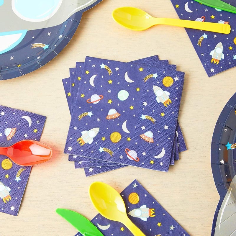 BLUE PANDA Rocket Ship Space Napkins - 5 x 5 in, 50-Count, 3-Ply Blue - Outer Space Party & Birthday Decorations - Kids Party Napkins - Image 2